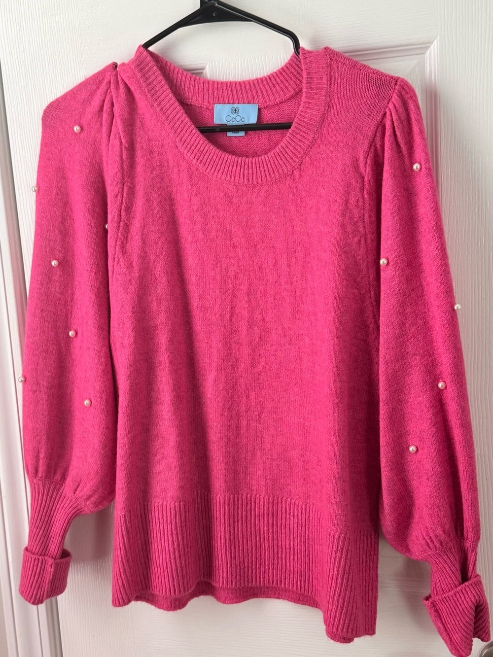 CeCe Hot Pink Pearl-Trim Balloon Sleeve Sweater
